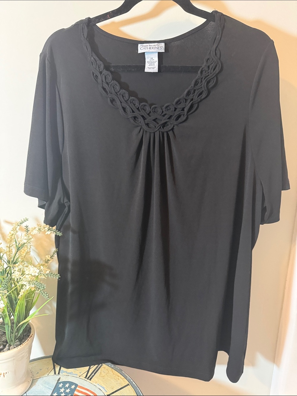 Catherines Black Short Sleeve Knit Top with Braided Scoop Detail